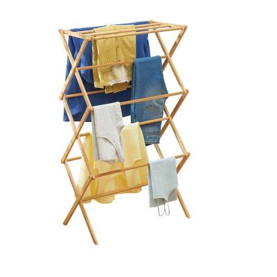 China Sustainable Bamboo Clothes Drying Rack Foldable Rack Highly Durable Bamboo Bathroom Laundry Drying Rack Collapsible Towel Rack With Shelf for sale