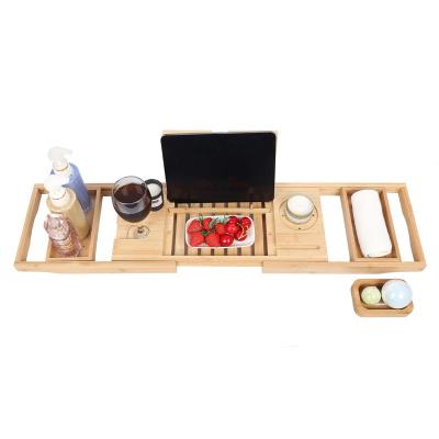 China Viable Top Selling Tub Bamboo Tray Organizer Tablets Holder Book Winesreading Cart Stretch Non-Slip Bottom Extendable Sides for sale