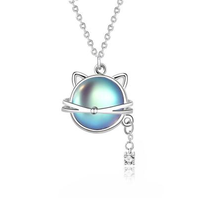 China TRENDY 925 Sterling Silver Moonstone Cat Necklace pendant for women and girl, geometric bat demon necklace animal pendant for sale