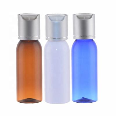 China 30ml PET Cosmetic Bottle With Aluminum Plastic Round Serum Container Small Shoulder Cap Disc Smear Test Packaging Cosmetic Bottle for sale