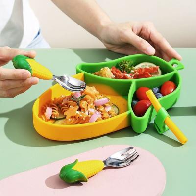 China Divided Corn Plate Set Silicone Baby Feeding Set Non Slip Suction Base for sale