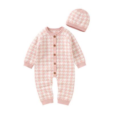 China Anti-wrinkle HDKMY902 0-12M Baby 2PC SET Houndstooth Knitted Rompers + Textured Hat Newborn Knit Jumpsuit Sweater Infant Long Sleeve Bodysuit for sale