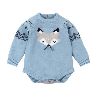 China Anti-wrinkle HDKMY452 0-12M Baby Girls Boys Newborn Fox Print Knitted Rompers Pure Cotton Sweater Overalls Infant Onesie Jumpsuit for sale