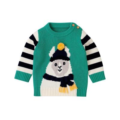 China HDKMY396 Anti-wrinkle Baby Boy 6-24M Toddlers Bear Print Knitted Sweater Baby Knitwear Jumper Striped Sleeve Crew Neck With Pompom for sale