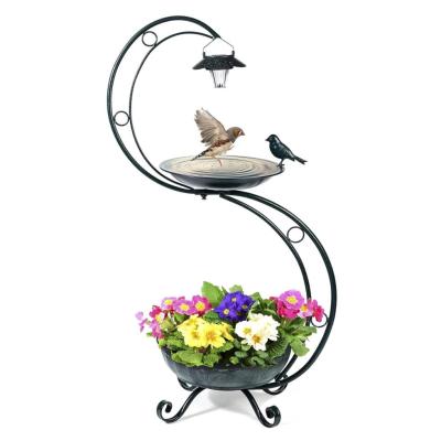 China Metal Sustainable Vintage Bird Bath Decorative Flower Planter With Lamp Solar Bird Baths for sale