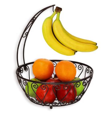 China Sustainable Indoor Metal Countertop Kitchen Fruit Basket Holder With Banana Hook for sale