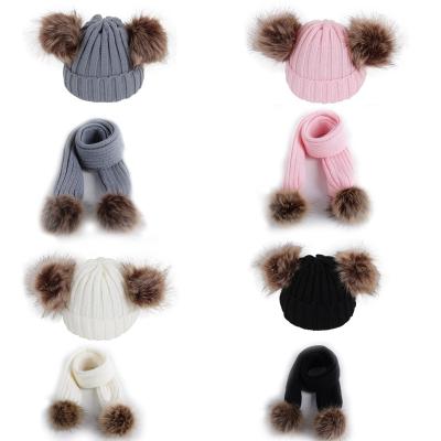 China Kids Environmental Friendly Baby Knitted Pom Pom Hats Scarves Winter Faux Raccoon Hat Beanies for sale