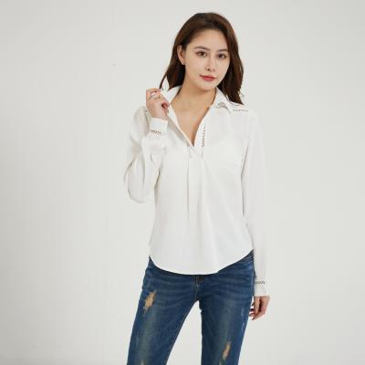 China Breathable Korean Tops Style Clothing Embroidery Eyelet Panel Puff Sleeve Women Office Wear Blouse Long Sleeve Shirt for sale