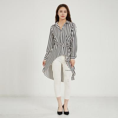 China Breathable Long Sleeve V-Neck Stripe Casual Asymmetrical Print Ladies Long Shirt Dress for sale