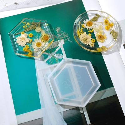 China Sustainable Diy crystal drip glue mold Dish mold hexagonal round resin plaster storage box silicone mold for sale