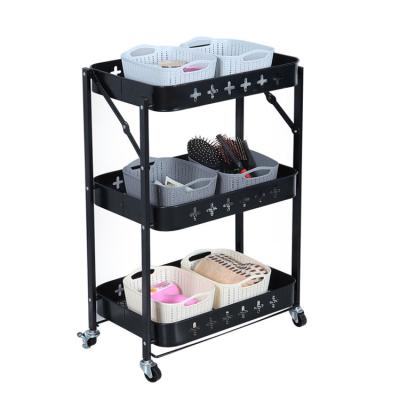 China Durable Folding Food Cart 3 Tier Folding Trolley Cart 3 Tier Kitchen Collapsible Folding Cart Organizer Wheel for sale