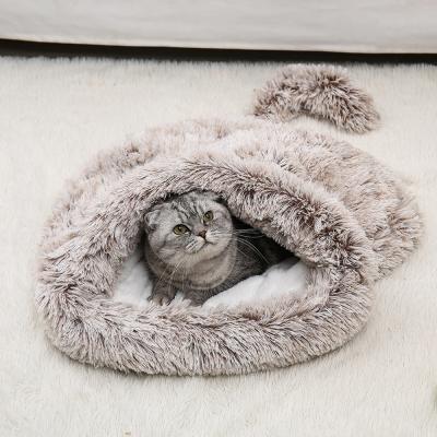 China Long Plush Pet Travel Cat Bed Winter Cat Sleeping Bag Soft Warm Bed Fleece Washable Cat Bedding for sale