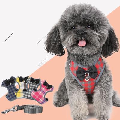 China Custom Fashion Plaid Padded Adjustable Pet Collar Leash And Logo Printed Cute Bowknot Dog Leash Collar Set for sale