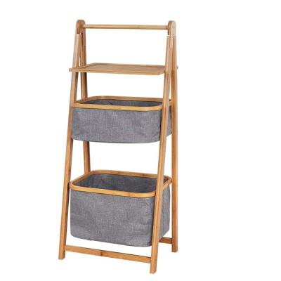 China Collapsible Foldable Bamboo Shelf with 2 Folding Baskets for Bathroom and Living Room for sale