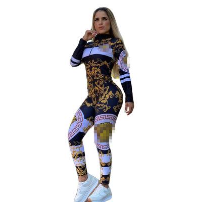 China Anti-pilling 2021 high quality plus two-piece suit Autumn New Arrival Long Sleeve gold pattern LOGO Printing With Zipper Plus size fashion women's anti-pilling for sale