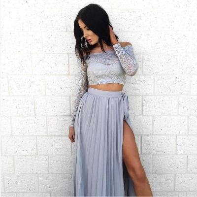 China Viable Viable Women's Lace Crop Skirt Set Long Top Side Split Two-Piece Outfit Off The Shoulder Wedding Dress for sale