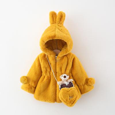 China 2021 winter new cartoon bear pocket cute hooded long-sleeved zipper plus velvet thickening to send love bag girls coat for sale