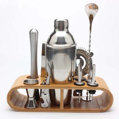 China Metal 12 Pieces Stainless Steel Cocktail Shaker Set With Bamboo Wood High Quality Holder for sale