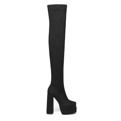 China Milan fashion round toe side female fabric spandex side cut over-the-knee chunky high heel support zipper OEM/ODM boots for women for sale