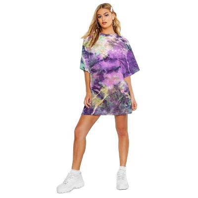 China Breathable In Tie Dye Running T-shirt Women Tops Loose Short Sleeve Multi Color High Street Fashion Long Dress Shirts for sale