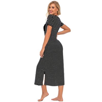 China New Arrival Breathable 2021 Spring Summer Loose Casual Short Sleeve Fashion Button Front Home Striped Dresses For Women for sale