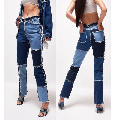 China 2020 Wholesale Women Stretch Highwaist Denim Leg Patchwork Breathable Straight Jeans for sale