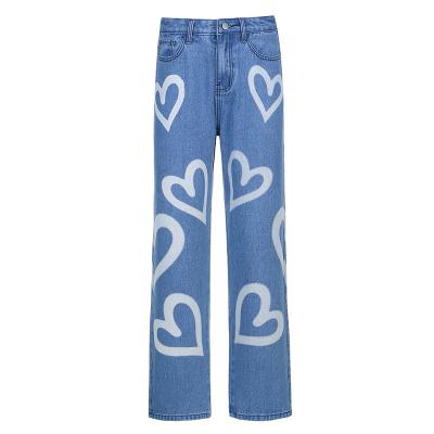 China 2020 Wholesale Breathable High Waist Love Graffiti Printing Straight Casual Street Pants Loose Jeans Women Denim for sale