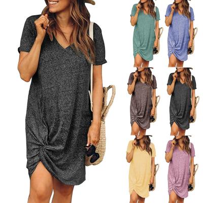 China 2021 Summer Women Solid Color Round Neck Anti-Static Short Sleeve Casual T-shirt Dress for sale