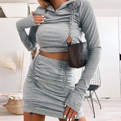 China 2021Wholesale Women's Anti-pilling Drawstring Skirt Set Two Piece Hooded Crop Top for sale