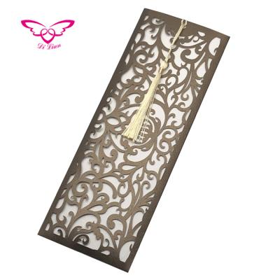 China Vertical Color Arabic Cafe Garden Vineyard Design Long Pocket Muslim Wedding Invitation Card for sale