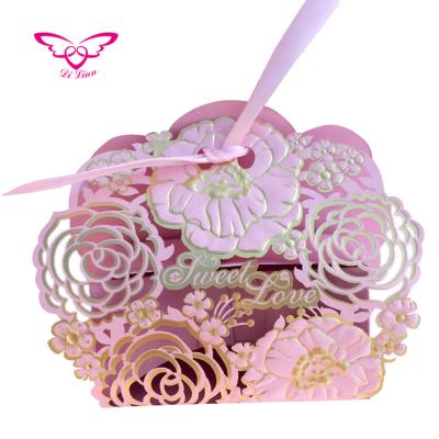 China Recyclable Laser Cut Pink Flower Wedding Candy Box for sale