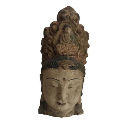 China Solid Wood Guanyin Buddha Antique Wooden Carved Head for sale