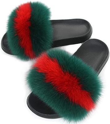 China Fashion Trend Women Open Toe Fuzzy Roll Over Real FoxFur Slippers Girls Fluffy House Slippers Outdoor Indoor Slippers Fur Slips With Eva Sole for sale