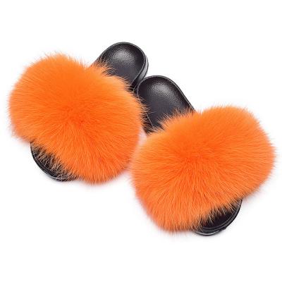 China Fashion trend women indoor outdoor dropshipping girls open real fox fur sandals slippers Toe Fuzzy Fur Fluffy for sale