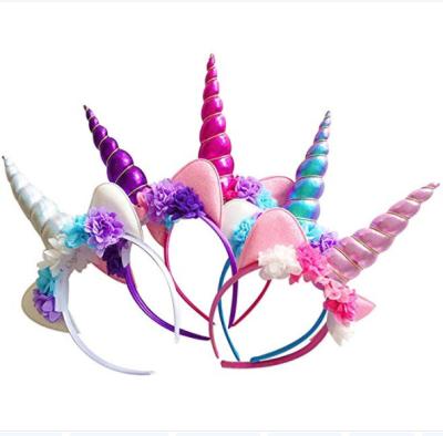 China Shiny Plastic Flower Unicorn Horn Headband Headdress Ears Headband For Halloween Party Birthday Cosplay Costume for sale