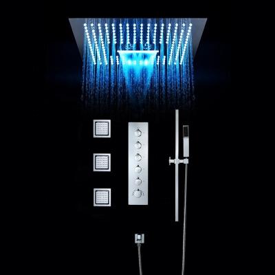 China With Thermostatic Slide Bar Brass Rain Shower Systems Massage Jet Showerheads Remote Control Light LED Shower Set 400mm Stainless Steel Panel for sale