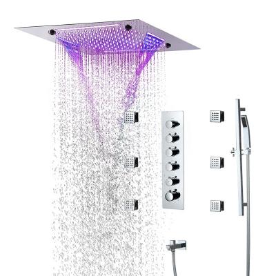 China Thermostatic Slide Bar Rain Shower Set With Brass Hidden Diverter Valve Bathroom Shower Head Ceiling LED 20 Inch Slide Bar for sale