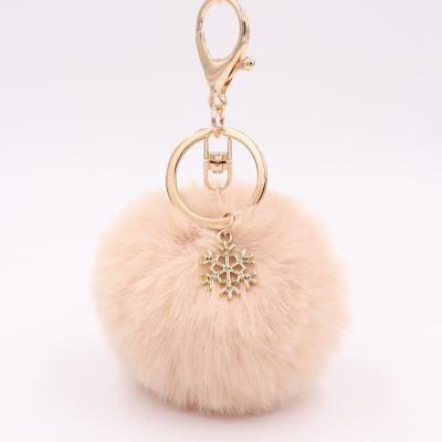 China Hot Sale Fashion 8cm Rabbit Fur Ball With Snowflake Fleece Ball Key Chain Key Ring For Women Girls Key Chain for sale