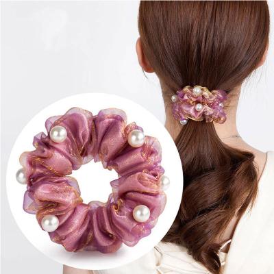 China Hot Selling Hair Decoration Double Layer Organza Hair Scrunchies High Quality Pearl Hand Wrap Elastic Hair Bands For Girls Ponytail Holder for sale