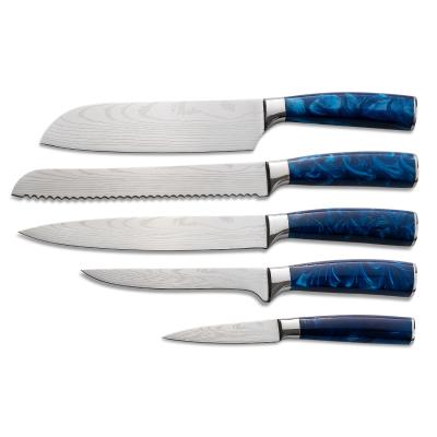 China Disposable Stainless Steel Laser Damascus Chef Knife Set With Blue Epoxy Resin Handle for sale