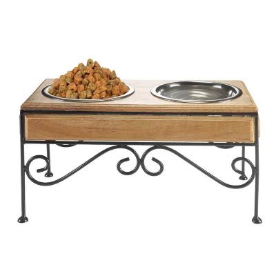 China Automatic Non-slip Wooden Water Food Double Diner Iron Raised Feeder Pet Bowl Stand for sale