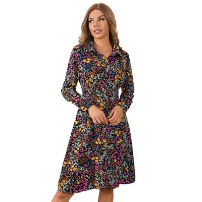 China SAMDEN Women's Breathable Hot Sale Autumn Winter Printed Long No Belted Turn Down Collar High Waist Casual Dress Loose China Wholesale for sale