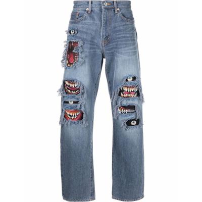 China Xiaoxin Breathable Pencil Jeans Print Patch Custom High Waist Tapered Slim Jeans Blue Distressed Hole Washed Mens Jeans for sale