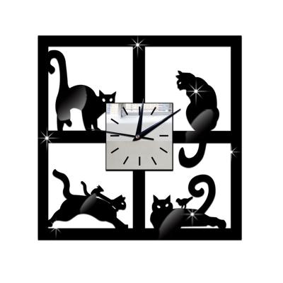 China Living Room Black Cat 3D Wall Clock Quartz Mirror Stickers Hollow-carved Design for sale