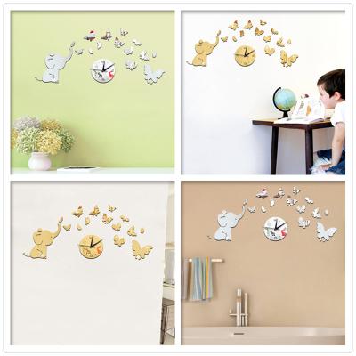 China Modern Design 3D DIY Living Room Mirror Stickers Wall Clock Chirldren Elephant Butterfly Art Giant Watch for Kids Room Bedroom Home Decor for sale