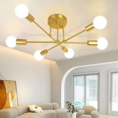 China Mid Century Modern Sputnik Chandelier, Ceiling Light Fixture Semi Flush Mount 6 Lights Gold Chandeliers Room Bedroom Bulbs Not Included for sale