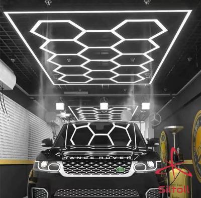 China Workshop/Garage/Barbershops/Gym/Office/Supermarket Garage Hexagrid Led Light For Auto Detailing Honeycomb Hexagon Ceiling Lamp Car Wash Beauty Station 4.8x2.4m for sale