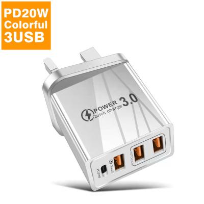 China Mobile Phone Original Smart Quick QC3.0 US EU UK Palladium 4 In 1 Multi Ports 3 USB Type C 20W 36W Travel Wall Charger With Led Light For Apple for sale