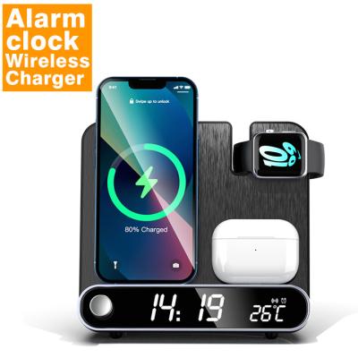 China 4in1 Wireless Charger 15W Wireless Charger 4 in 1 Qi Dock Station Headphone iwatch LED Digital Alarm Clock Fast Charging Electric Phone Watch Charging for sale