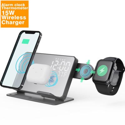 China newest 2023 4in1 wireless charger phone digital display temperature alarm clock 4 charging stations in 1 3in1 wireless charger for Iphone for sale